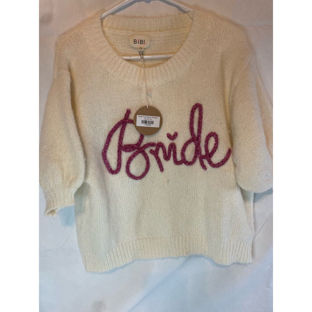 NWT Bibi Bride Puff Sleeve Sweater M Women's $54 Cream Pink
